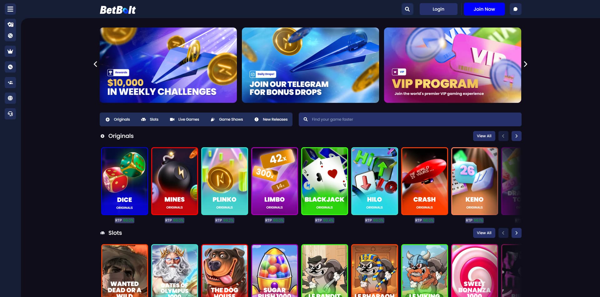 BetBolt no-KYC crypto casino homepage